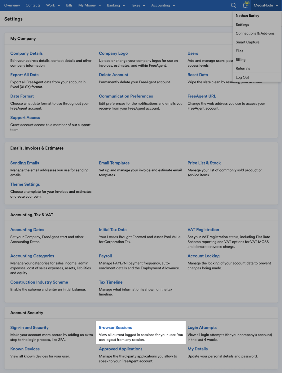 'Browser Sessions' highlighted under Account Security on Settings page.