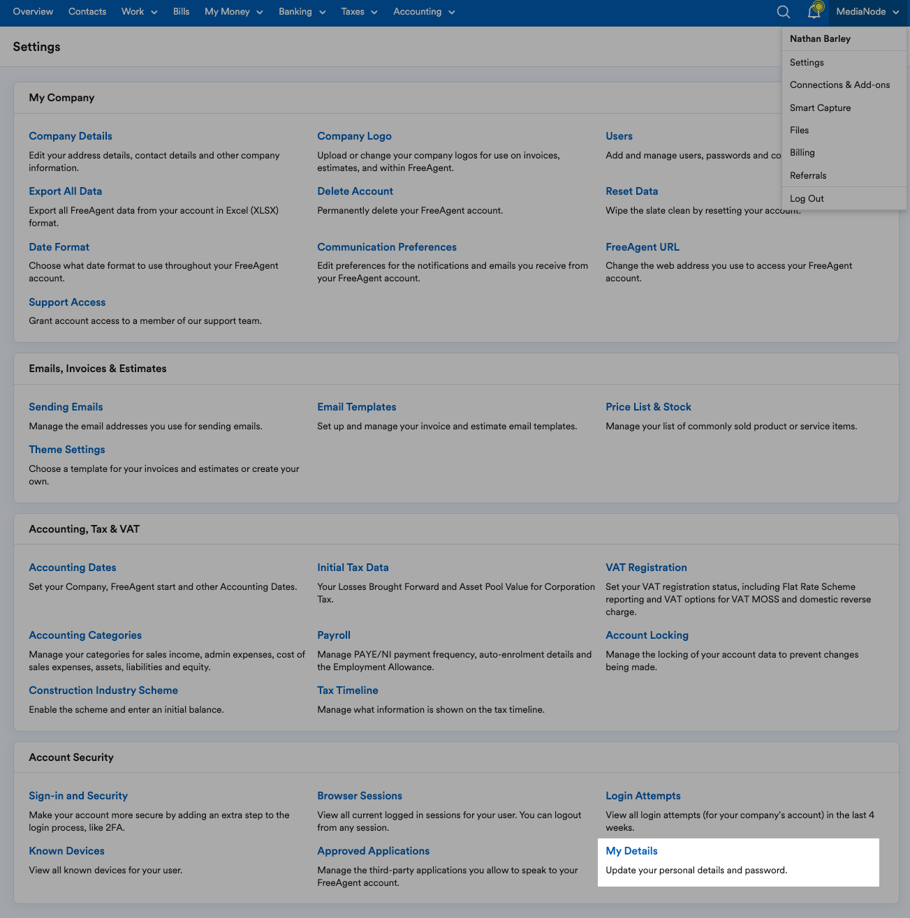 'My details' highlighted in Security section of Settings page.
