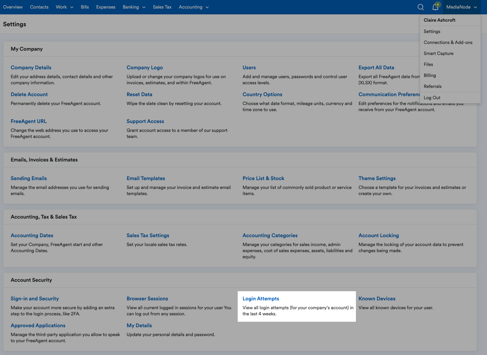 Settings area with login attempts highlighted