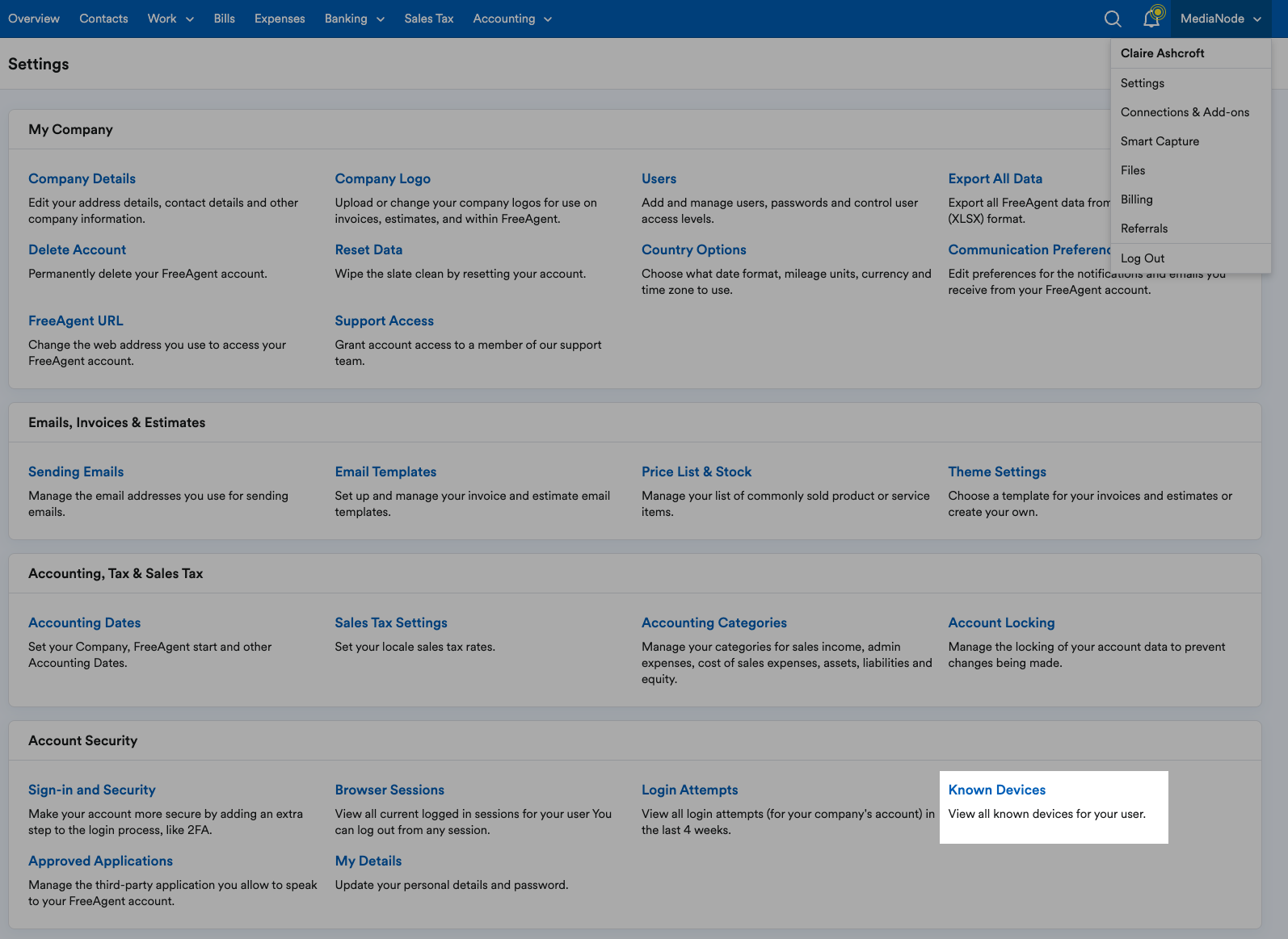 'Known Devices' highlighted in Security section of Settings page.