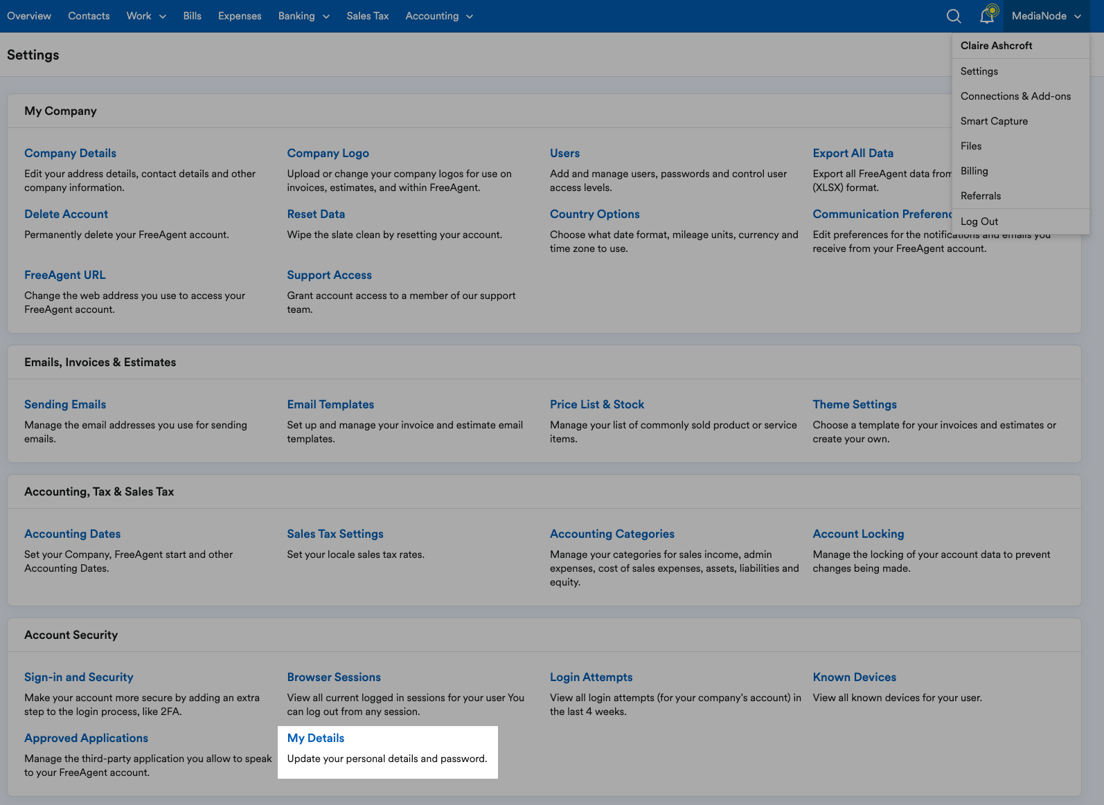 'My Details' highlighted under Account Security on Settings page.