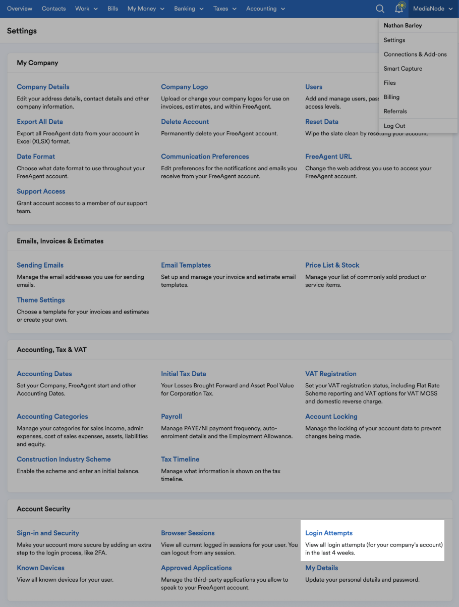 Settings area with login attempts highlighted