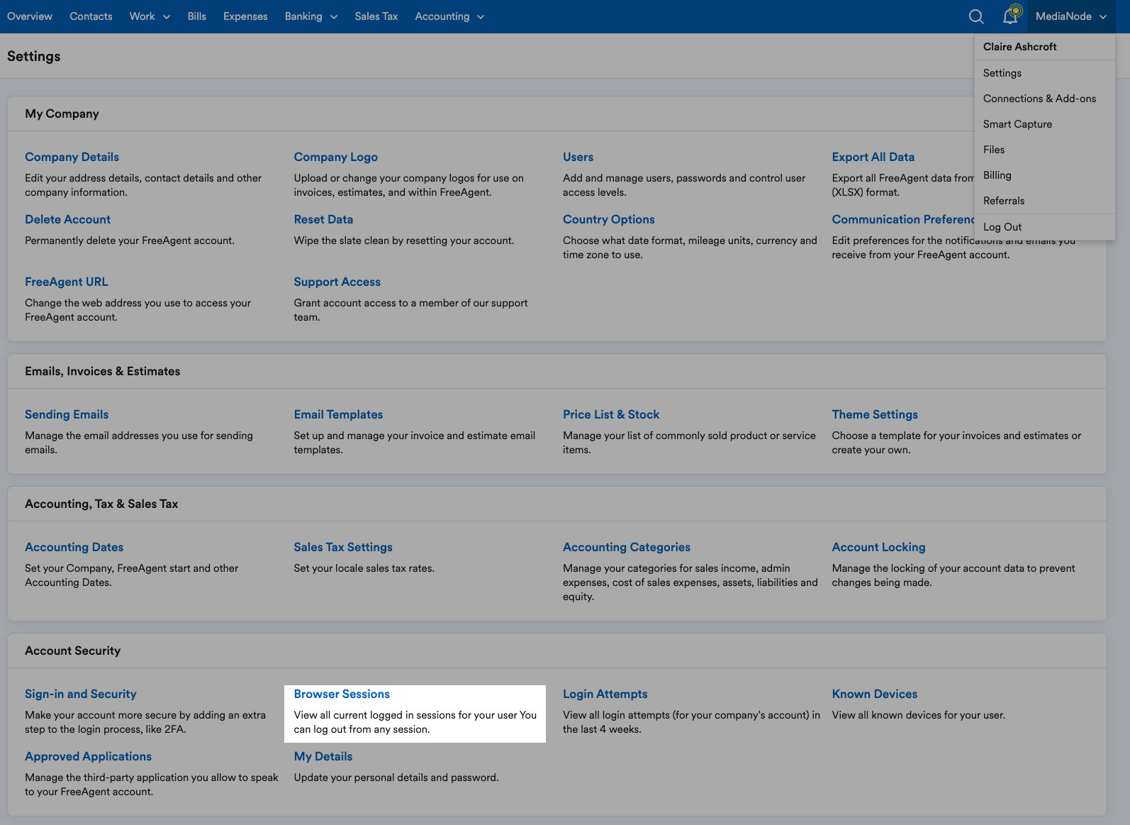 Settings area with Browser Sessions highlighted in the Security section