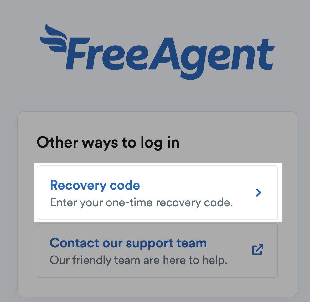 'Recovery code' selected from 'Other ways to log in'.