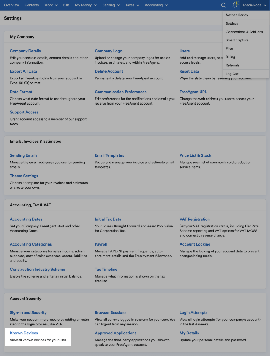 'Known Devices' highlighted in Security section of Settings page.