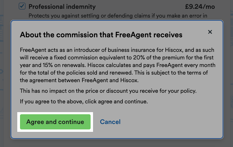 Modal explaining the commission that FreeAgent receives from Hisox with the agree and continue button highlighted
