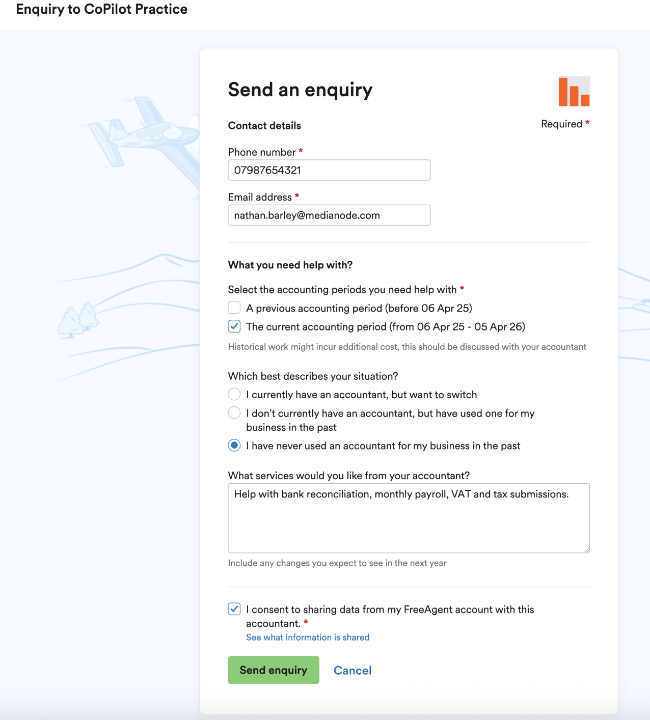 Example of an enquiry being completed by a client