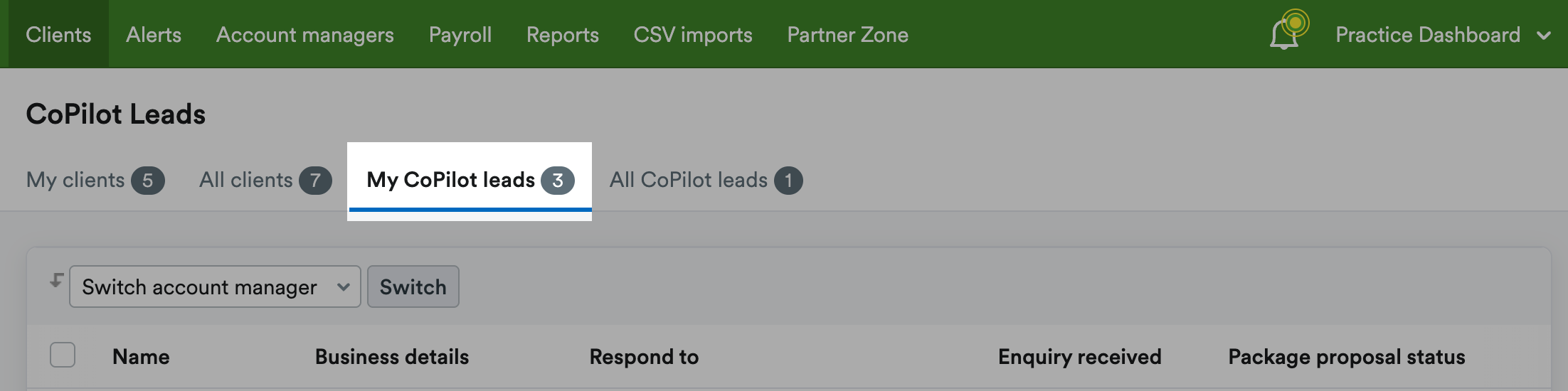 Clients area of the practice dashboard with the 'My CoPilot leads' tab highlighted