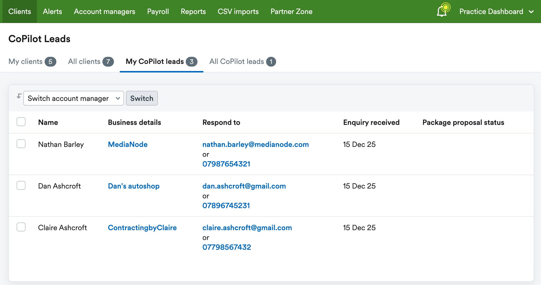 List of CoPilot leads on the practice dashboard