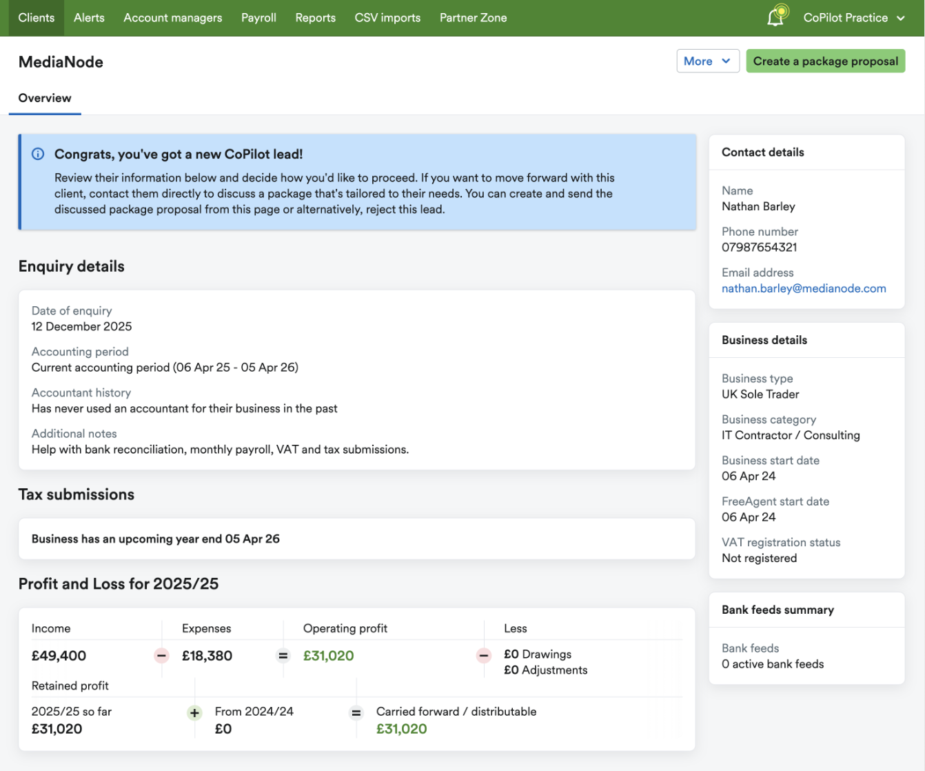 Overview of the prospective client's account and details of the enquiry