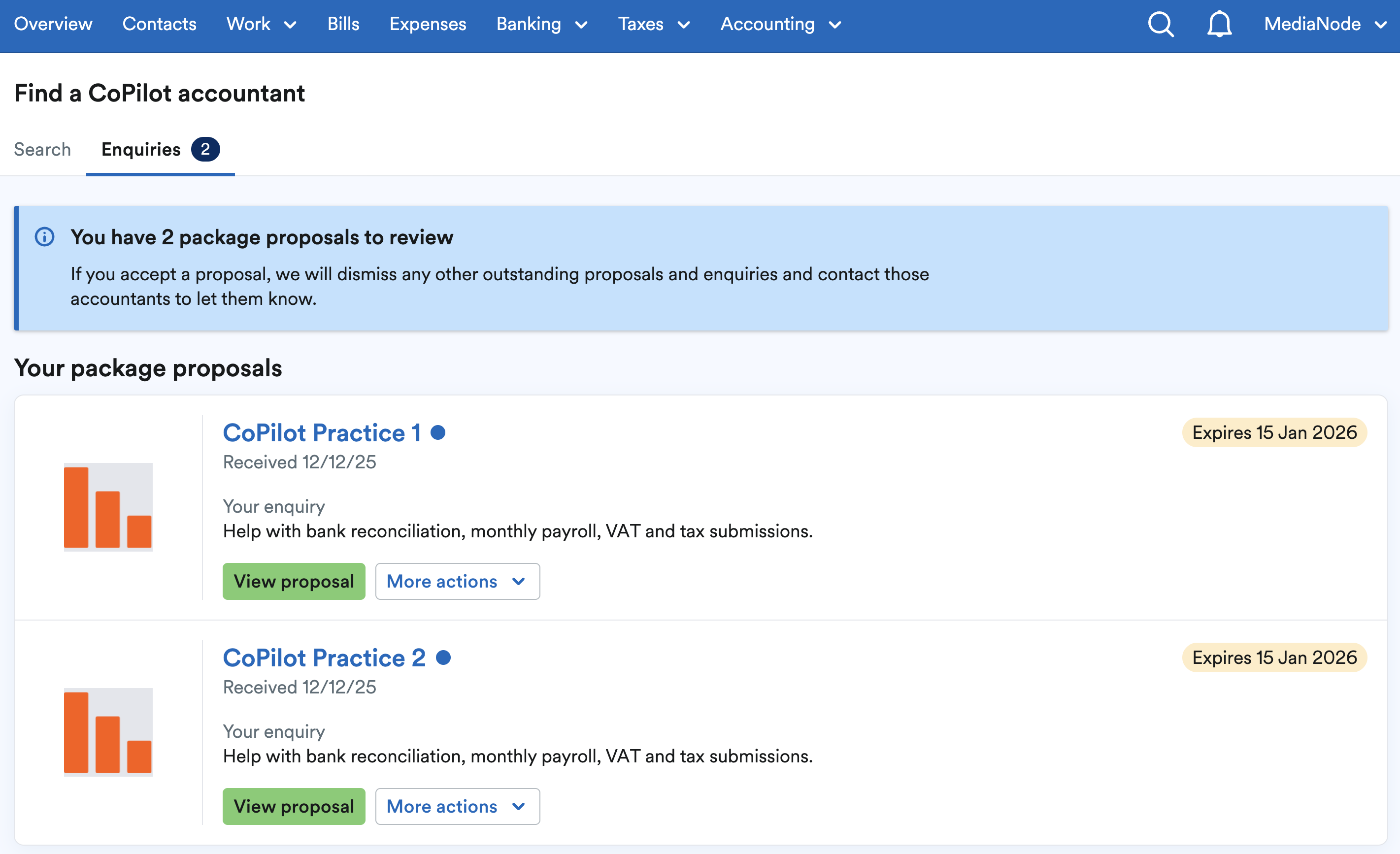 Enquiries tab listing the proposals to review