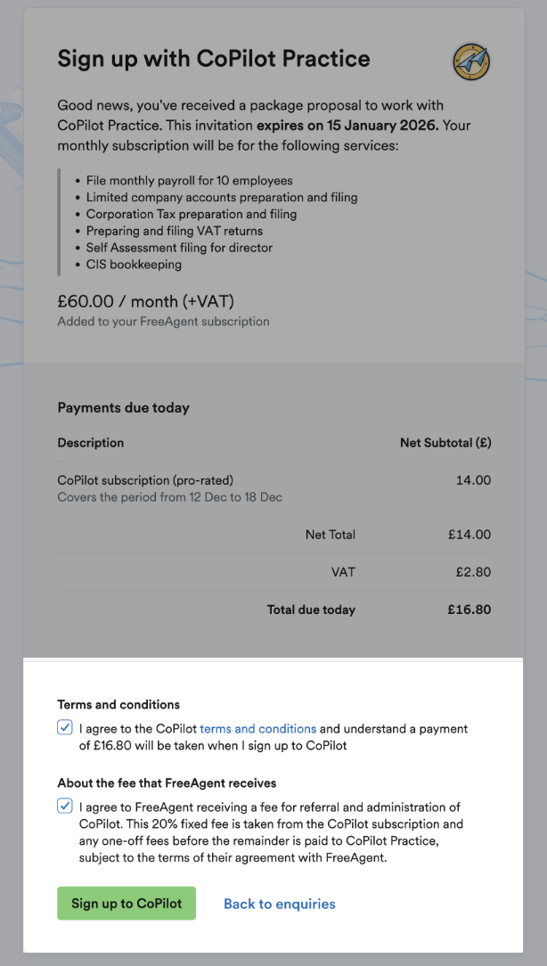 Terms and conditions, and Sign up to CoPilot button highlighted