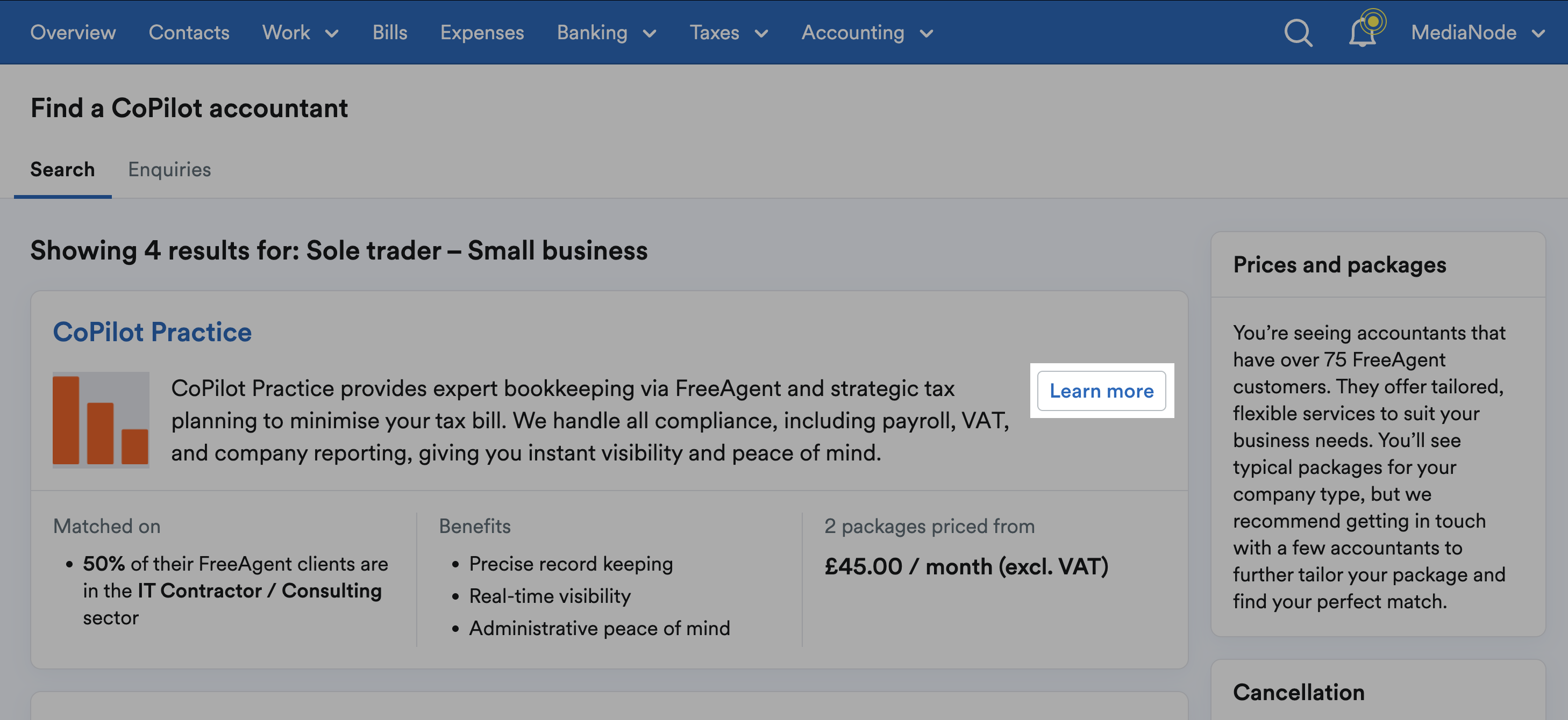 Learn more button highlighted for a CoPilot accountant