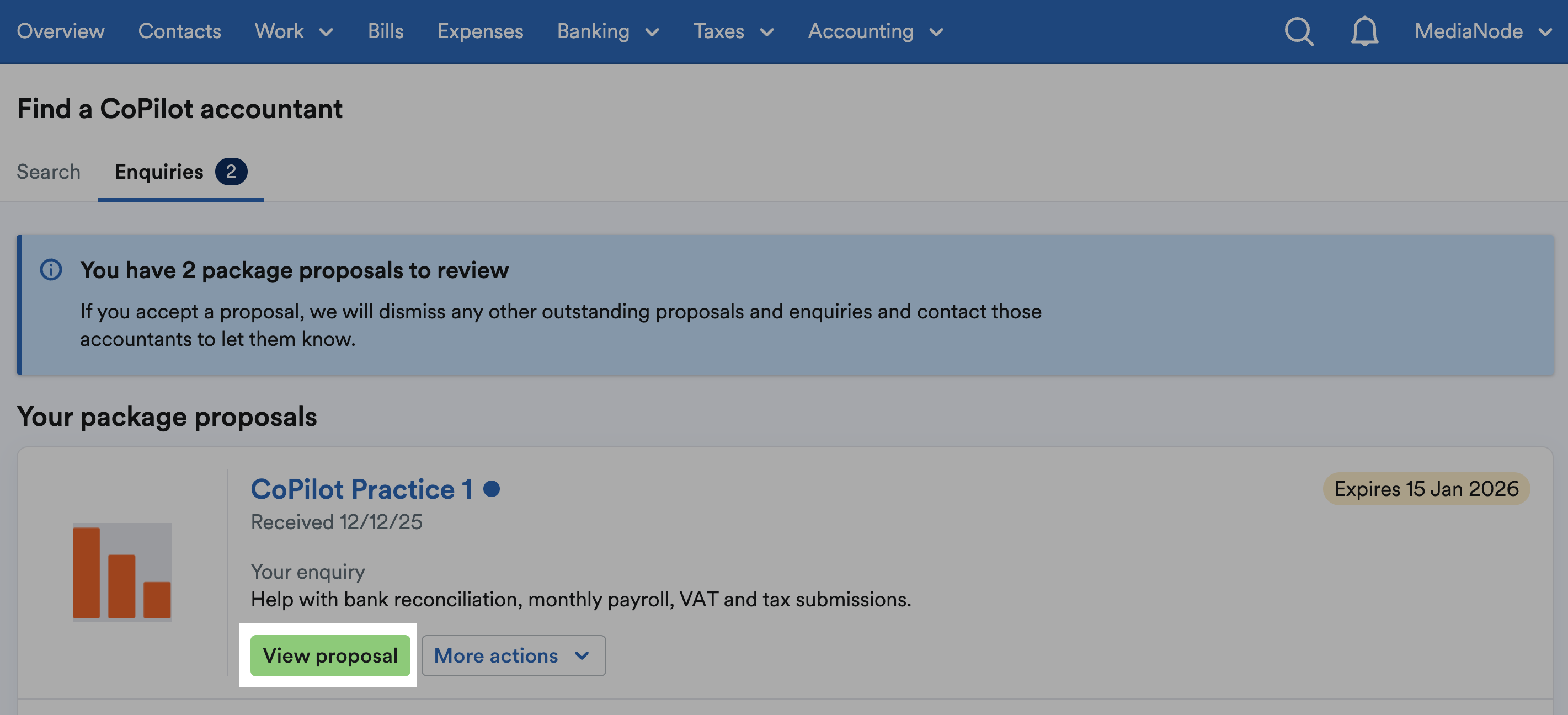 View proposal button highlighted for a CoPilot accountant's package proposal