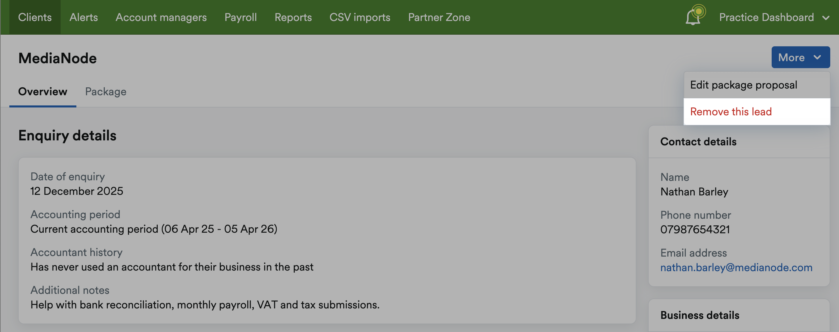 Remove this lead highlighted within the More drop-down menu on client profile page