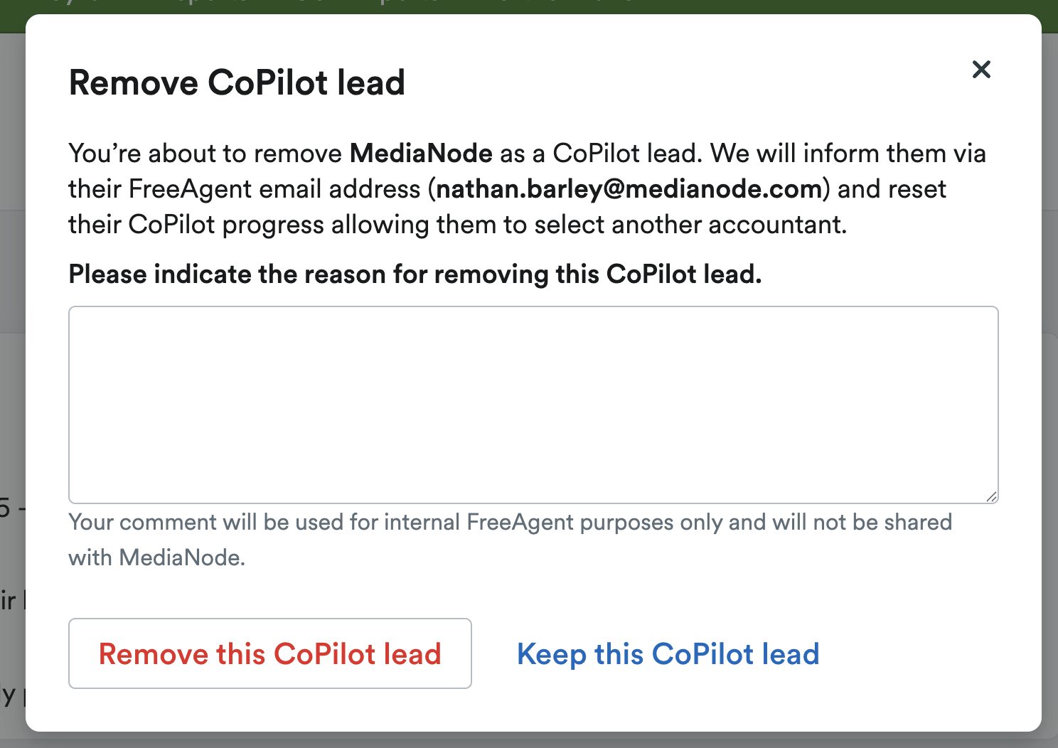 Field for entering a reason for cancelling the CoPilot lead