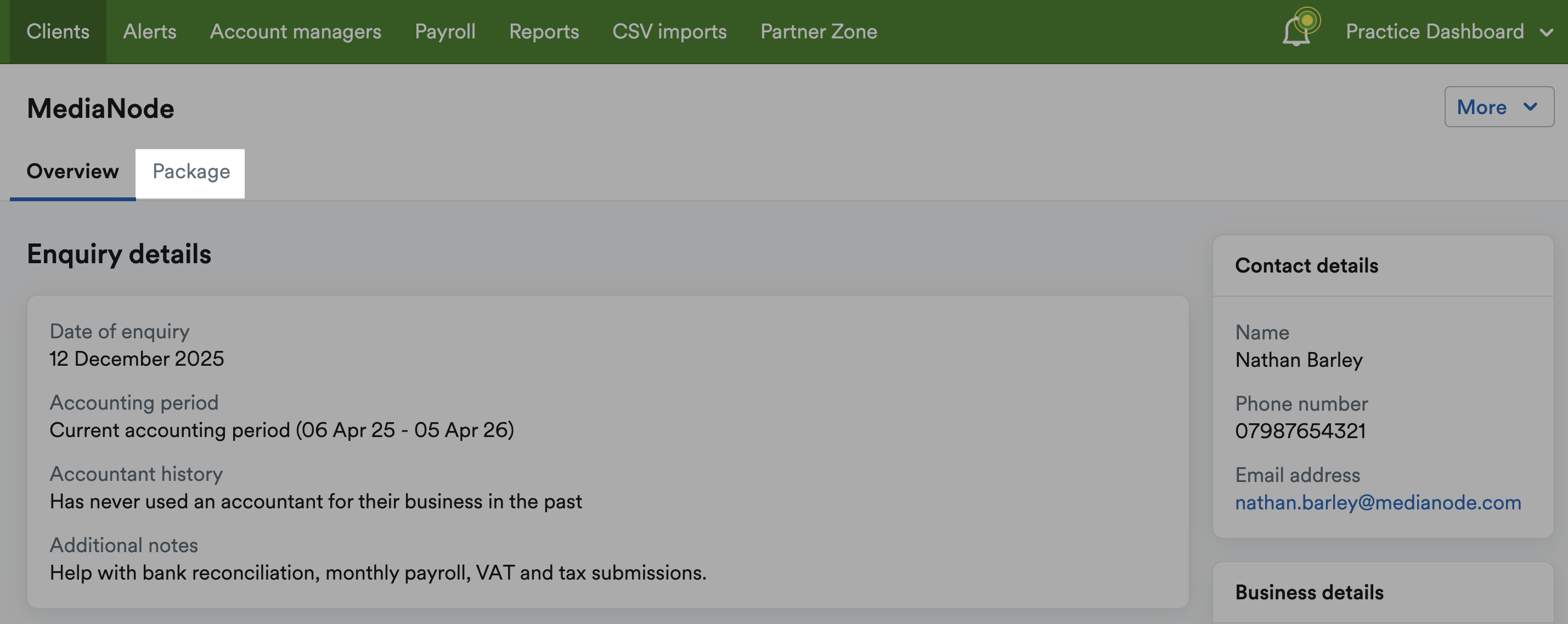 Package tab highlighted within client's profile