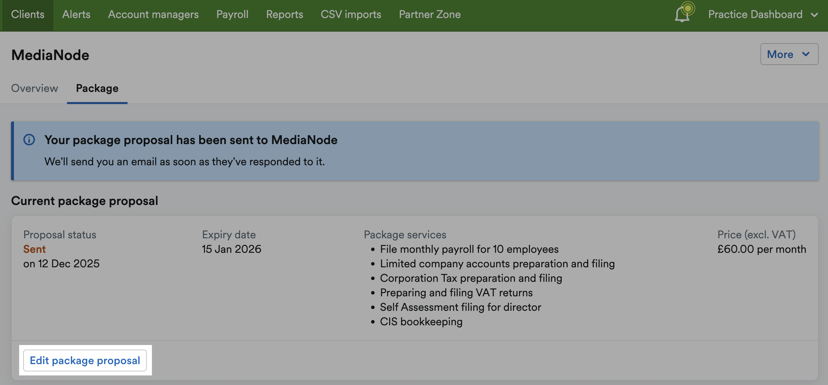 Edit package proposal button highlighted at the bottom of current package proposal