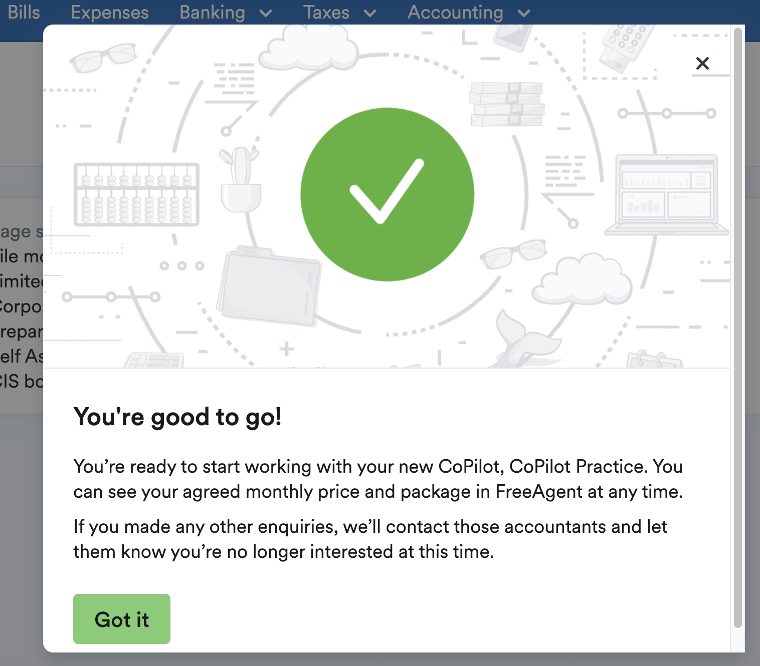 Confirmation that you're ready to start working with the Copilot accountant