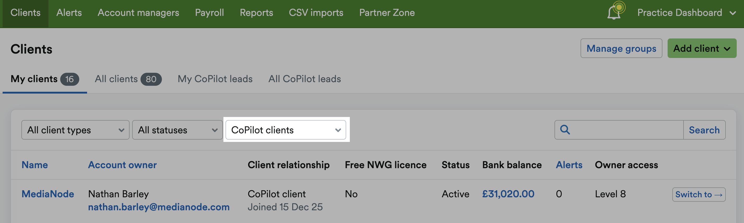 CoPilot client showing with CoPilot clients filter highlighted