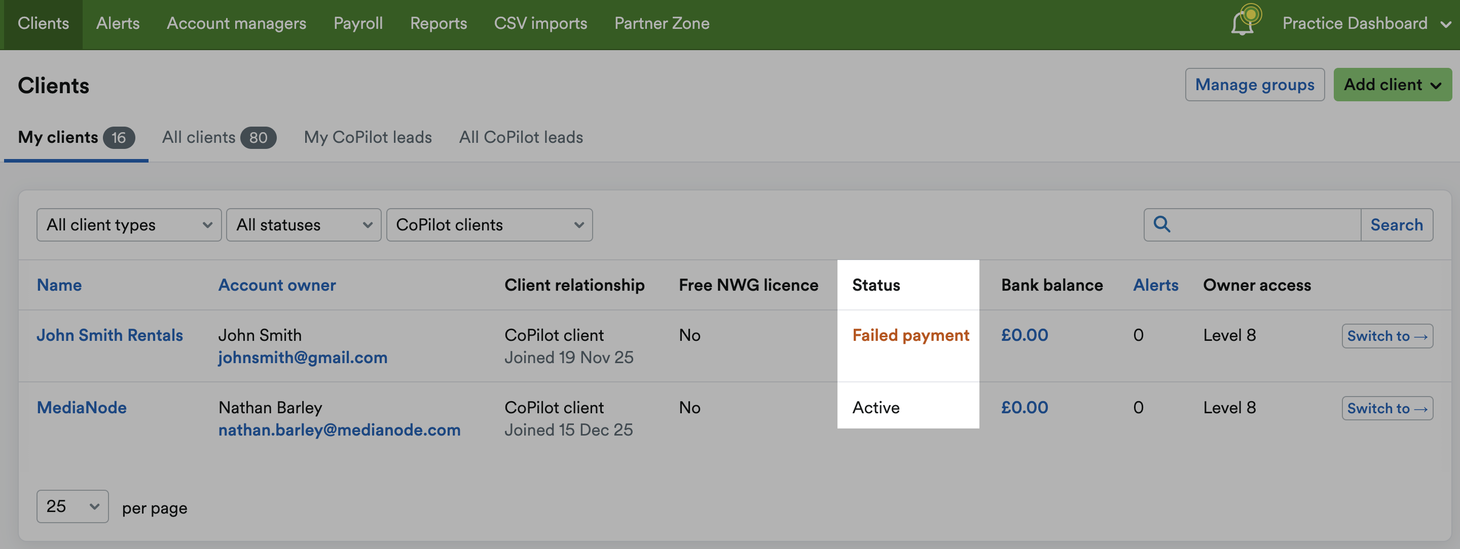 List of CoPilot clients and their status
