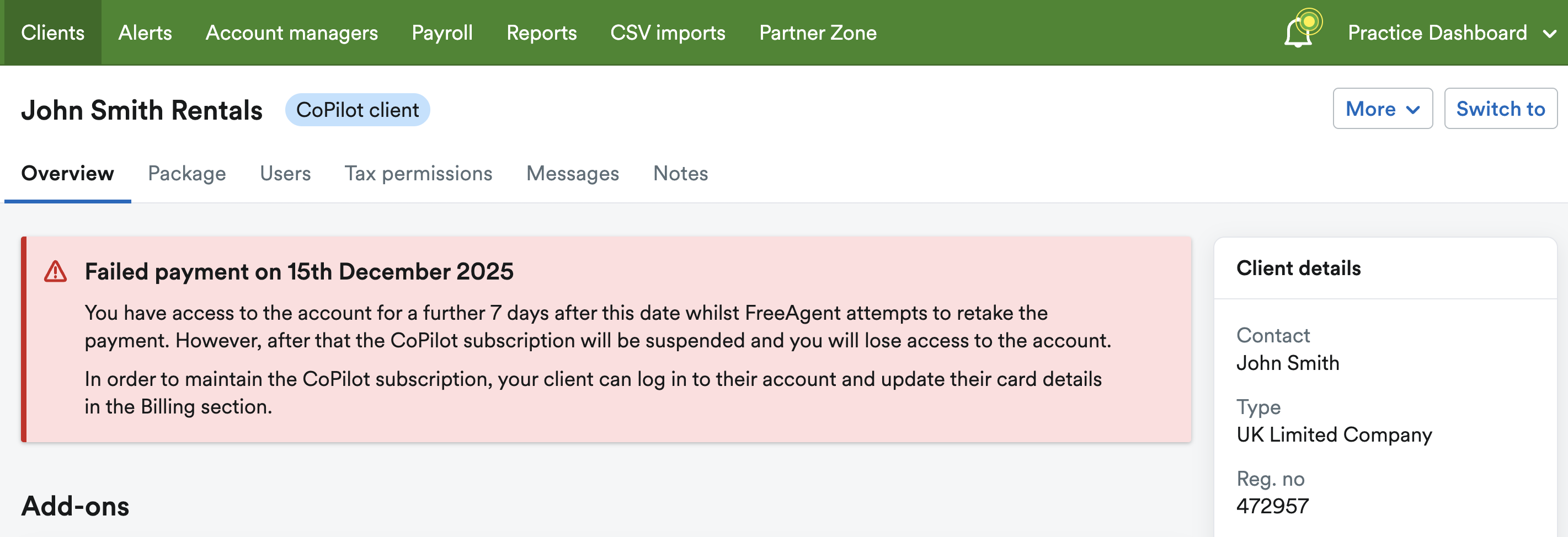 Message in client's account advising of failed payment