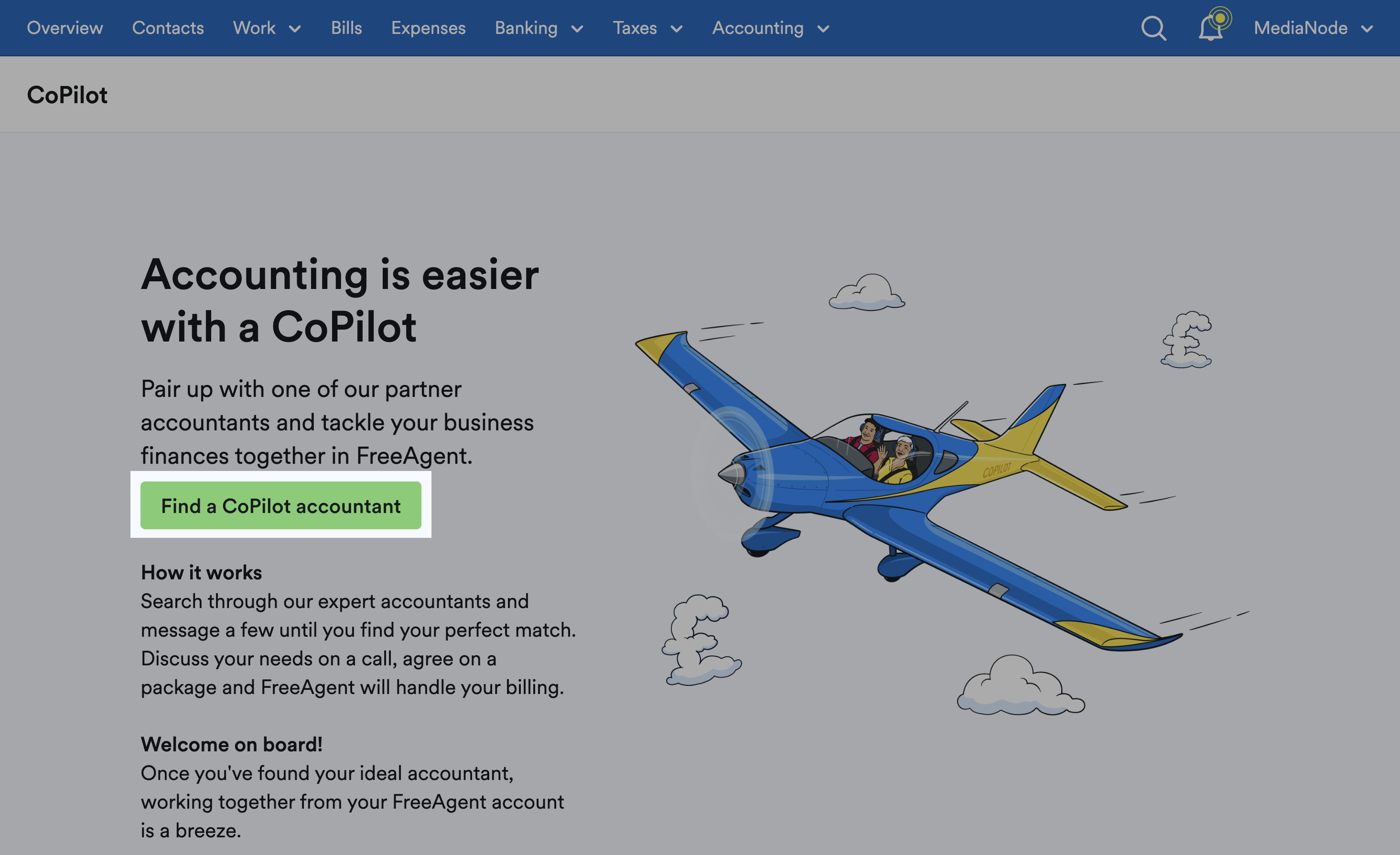 CoPilot screen with 'Find a CoPilot accountant' button highlighted