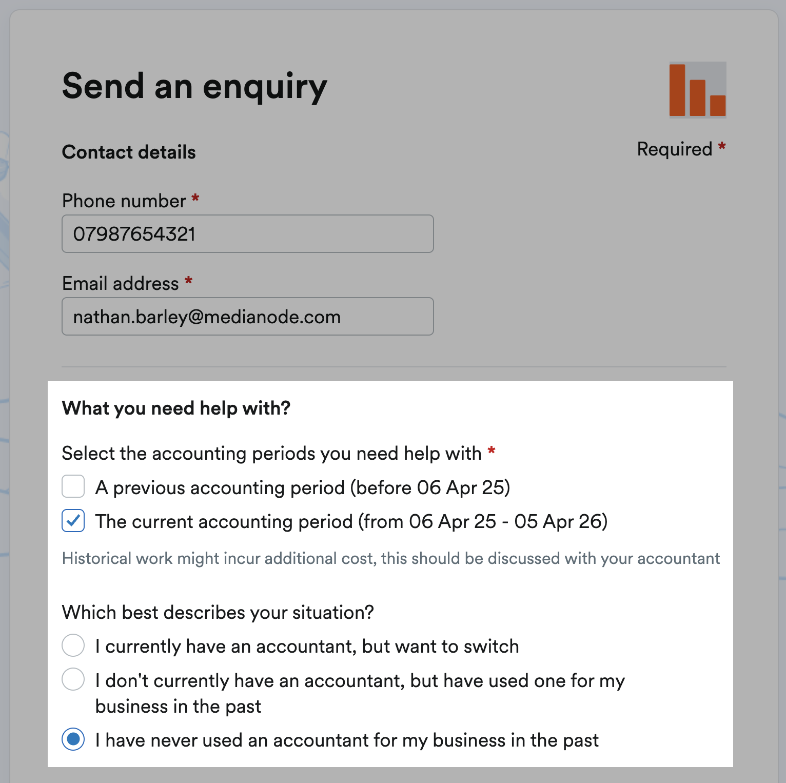 What you need help with section of enquiry form for choosing which periods you need help with and current accountant situation