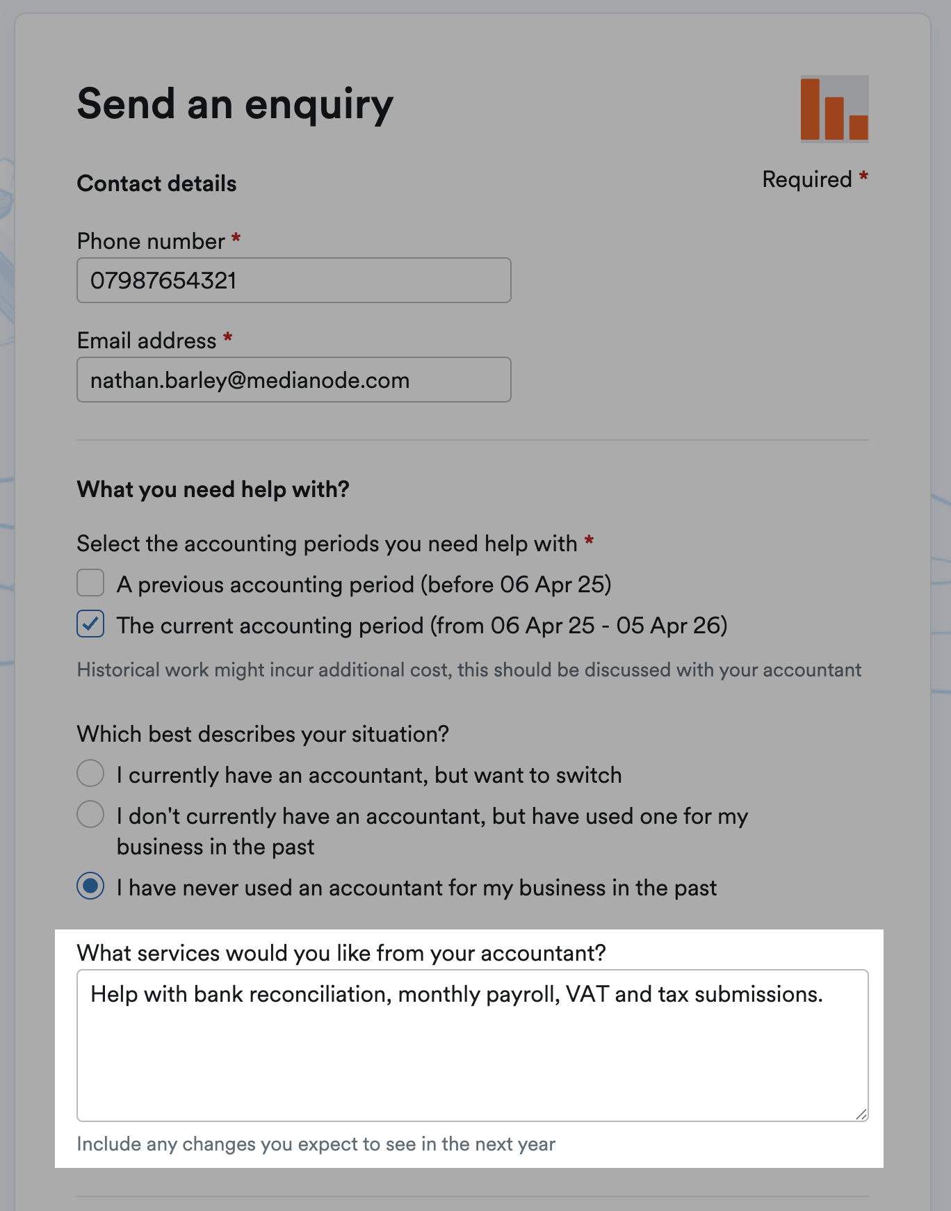 Field for entering services you'd like help with highlighted