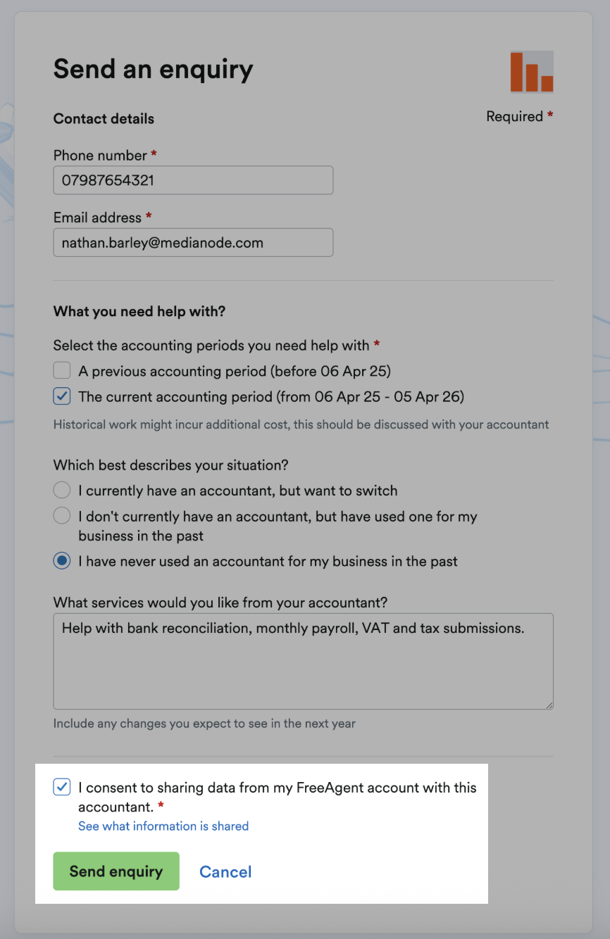 Box to tick to provide consent for sharing FreeAgent data with the accountant and send enquiry button highlightedd
