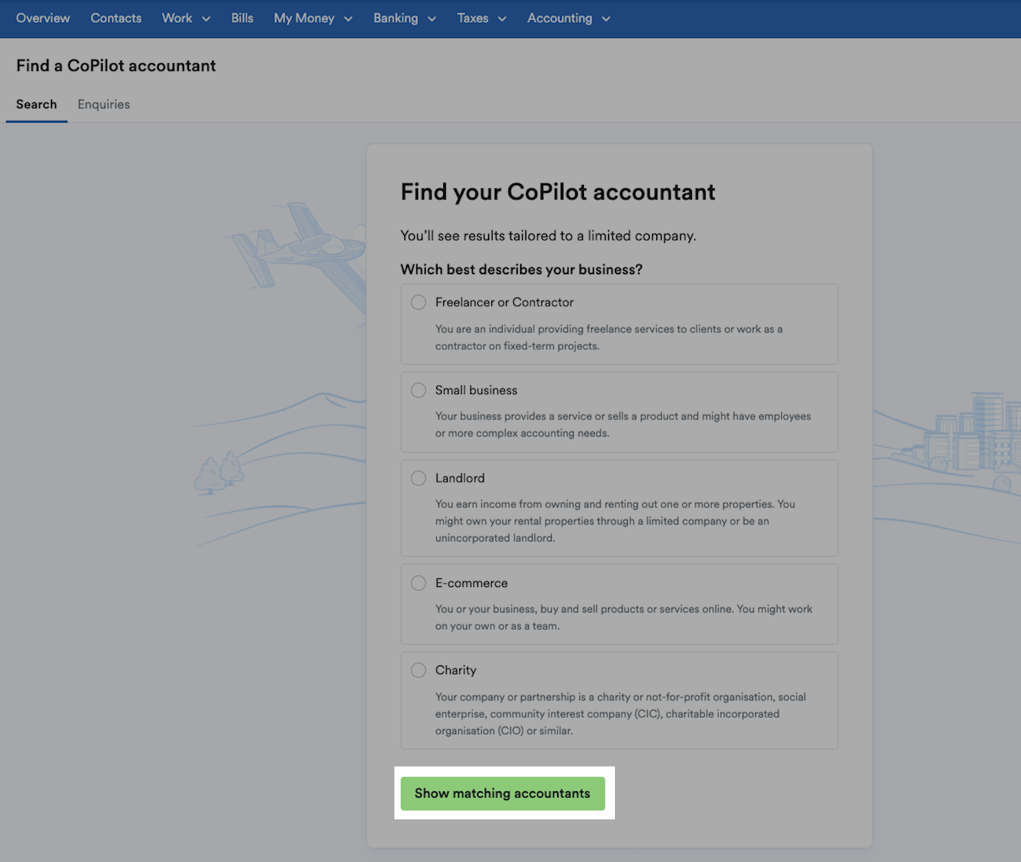 Options for selecting the type of business and show matching accountants button highlighted