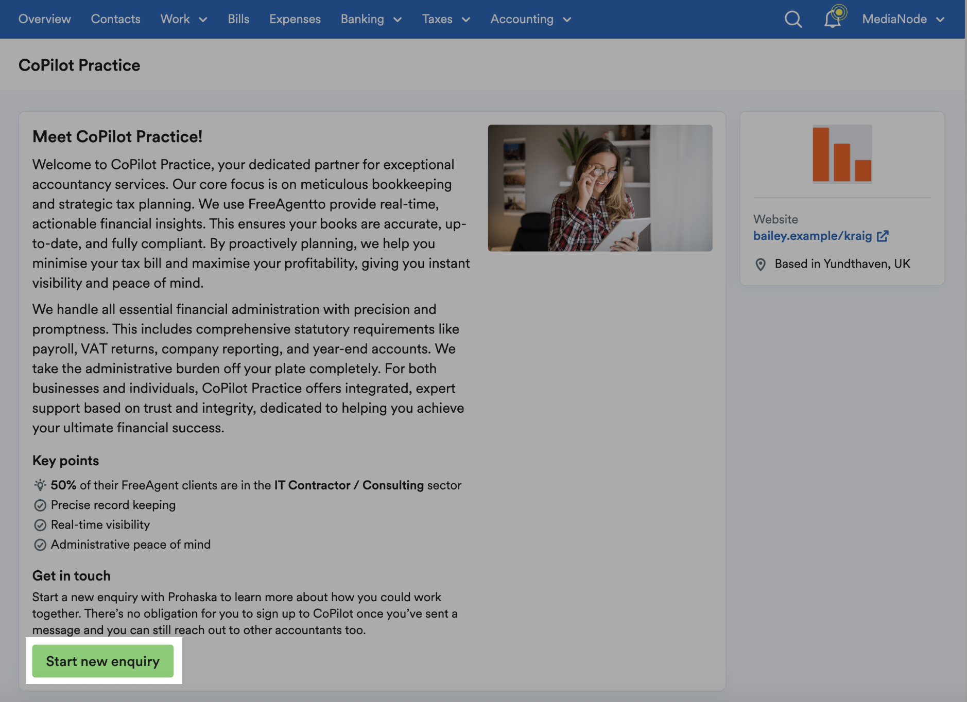 Send new enquiry button highlighted on the accountant's profile