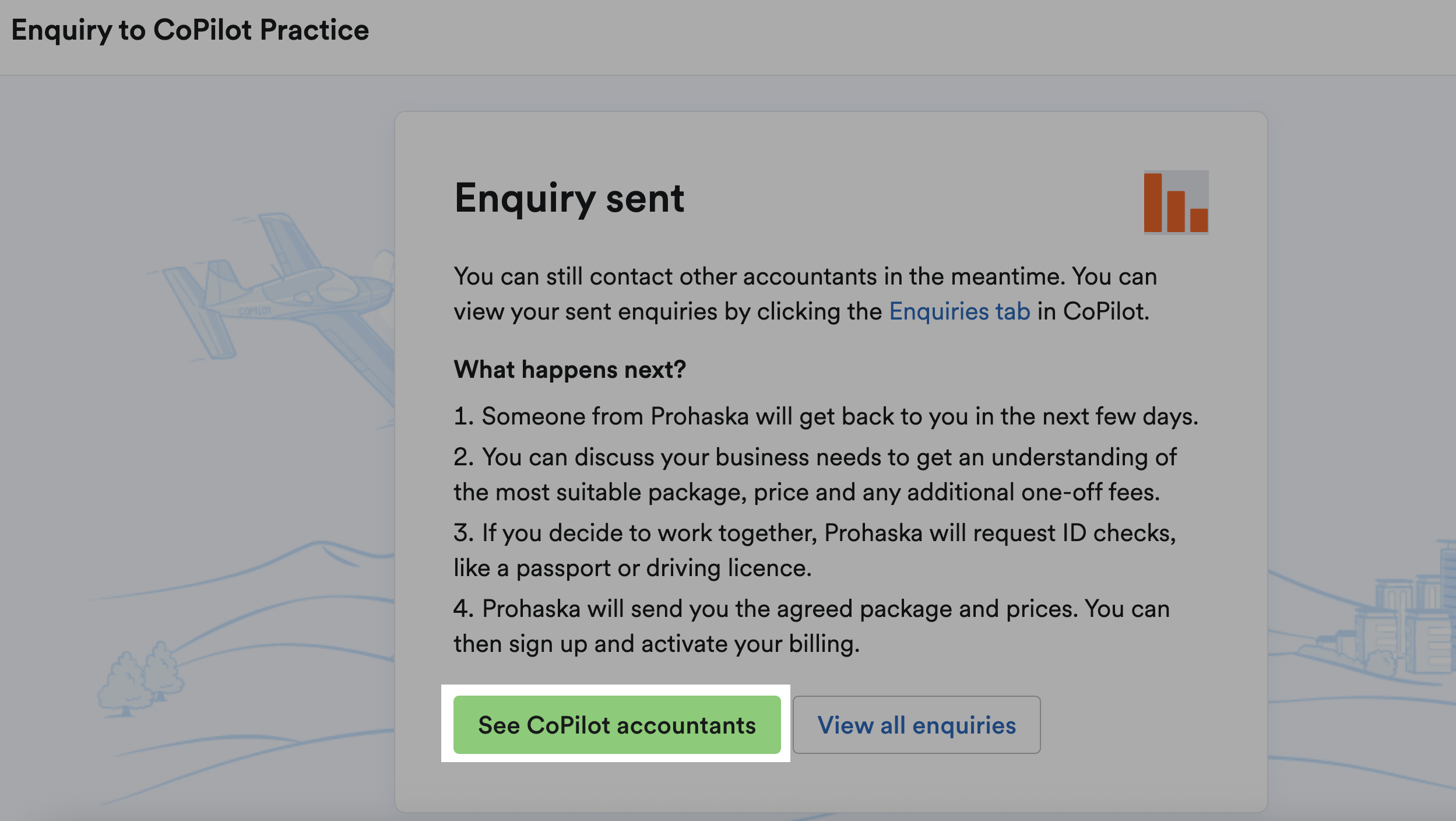 Confirmation of enquiry having been sent and See CoPilot accountants button highlighted