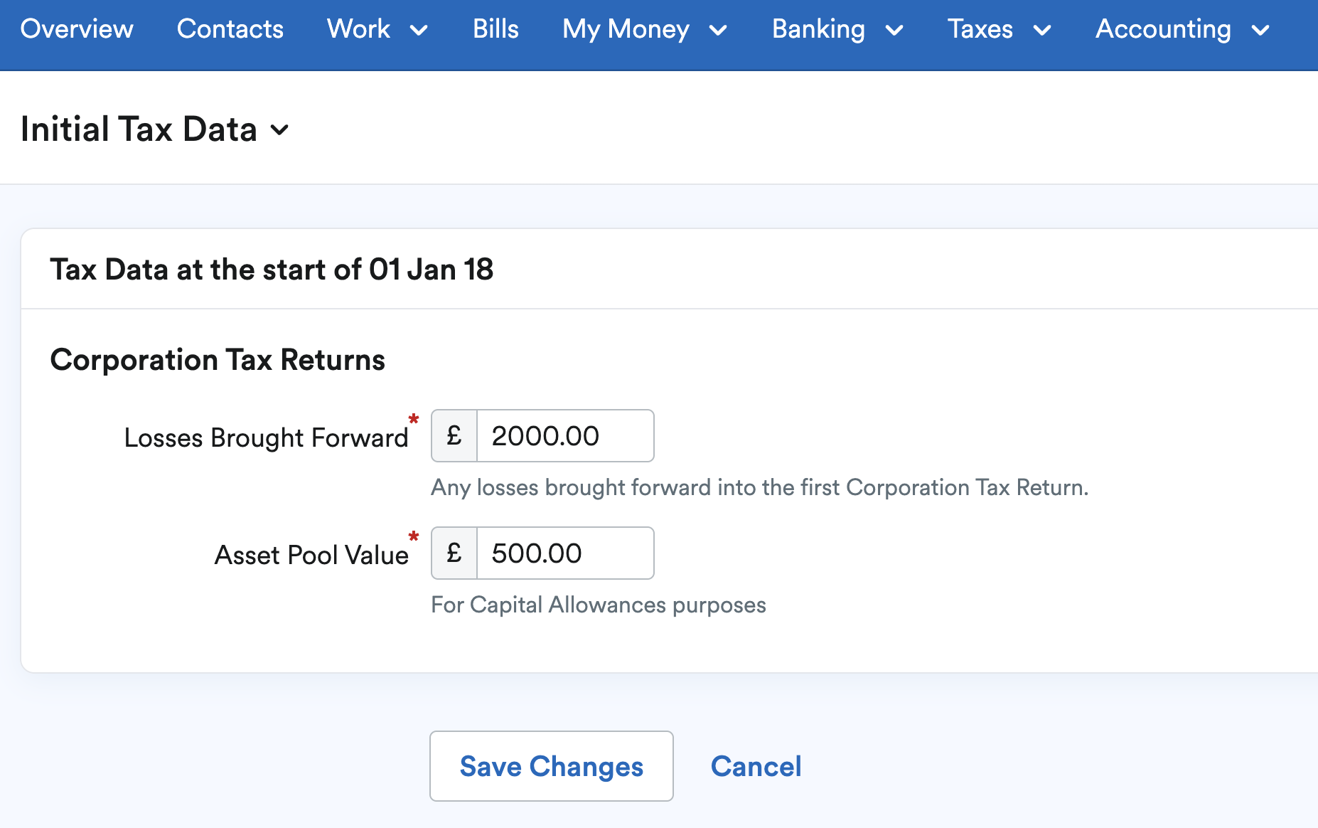 Initial Tax Data screen with losses brought forward and asset pool value entered
