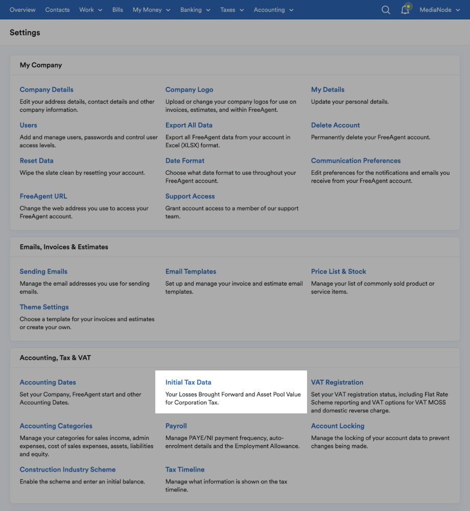 Settings page with Initial Tax Data highlighted