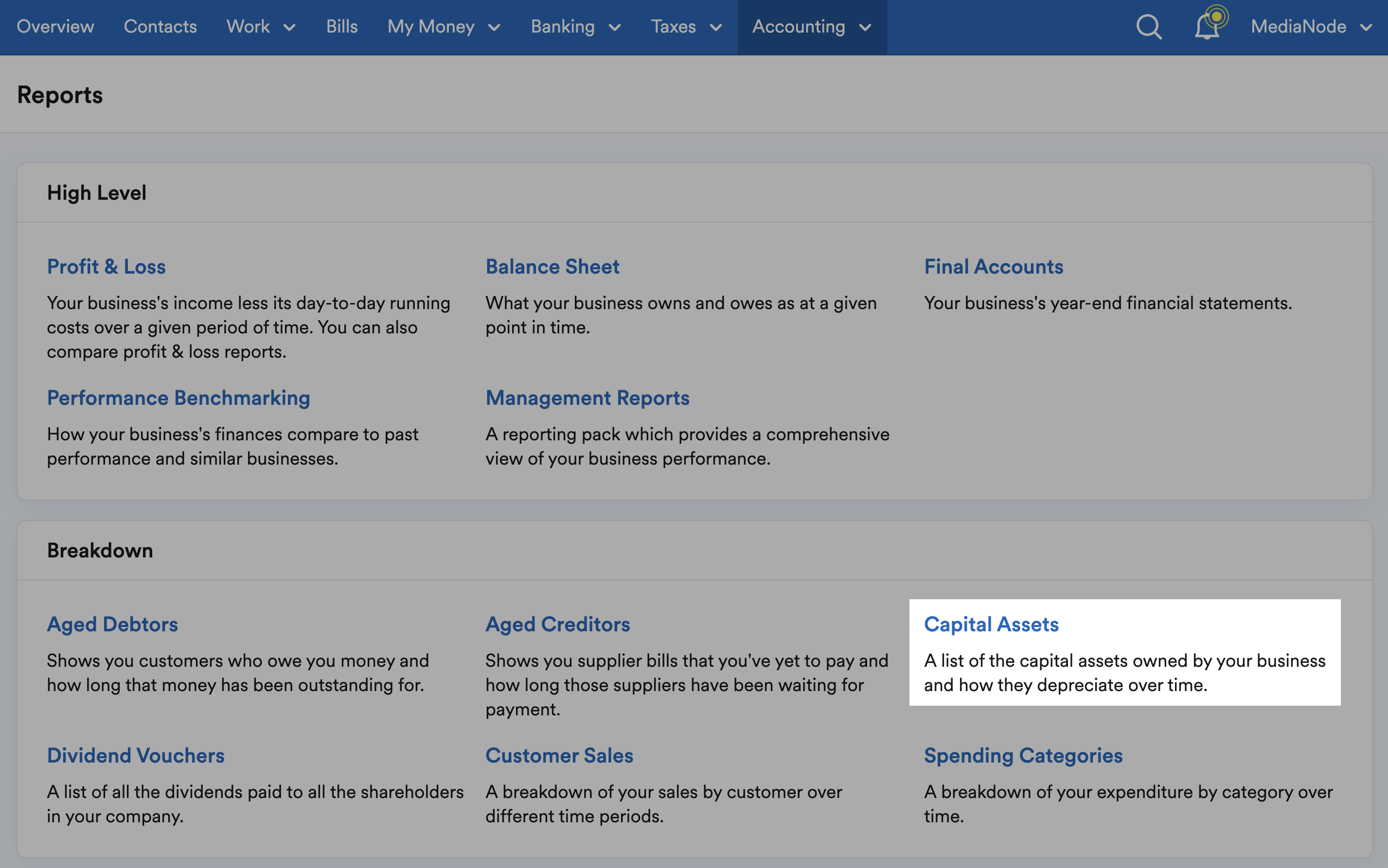 Capital assets highlighted on Reports page