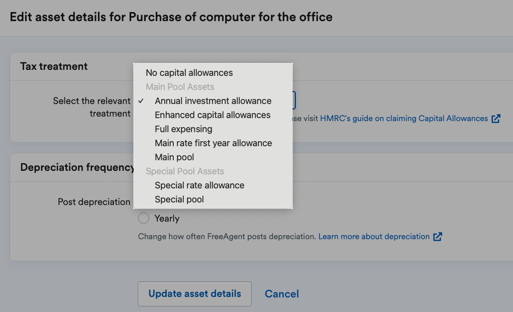 Tax treatment drop-down menu highlighted