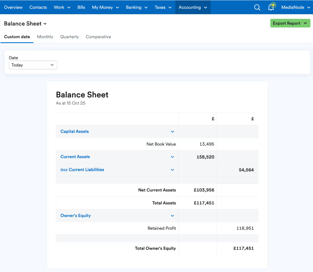 Example 'Balance Sheet' report.