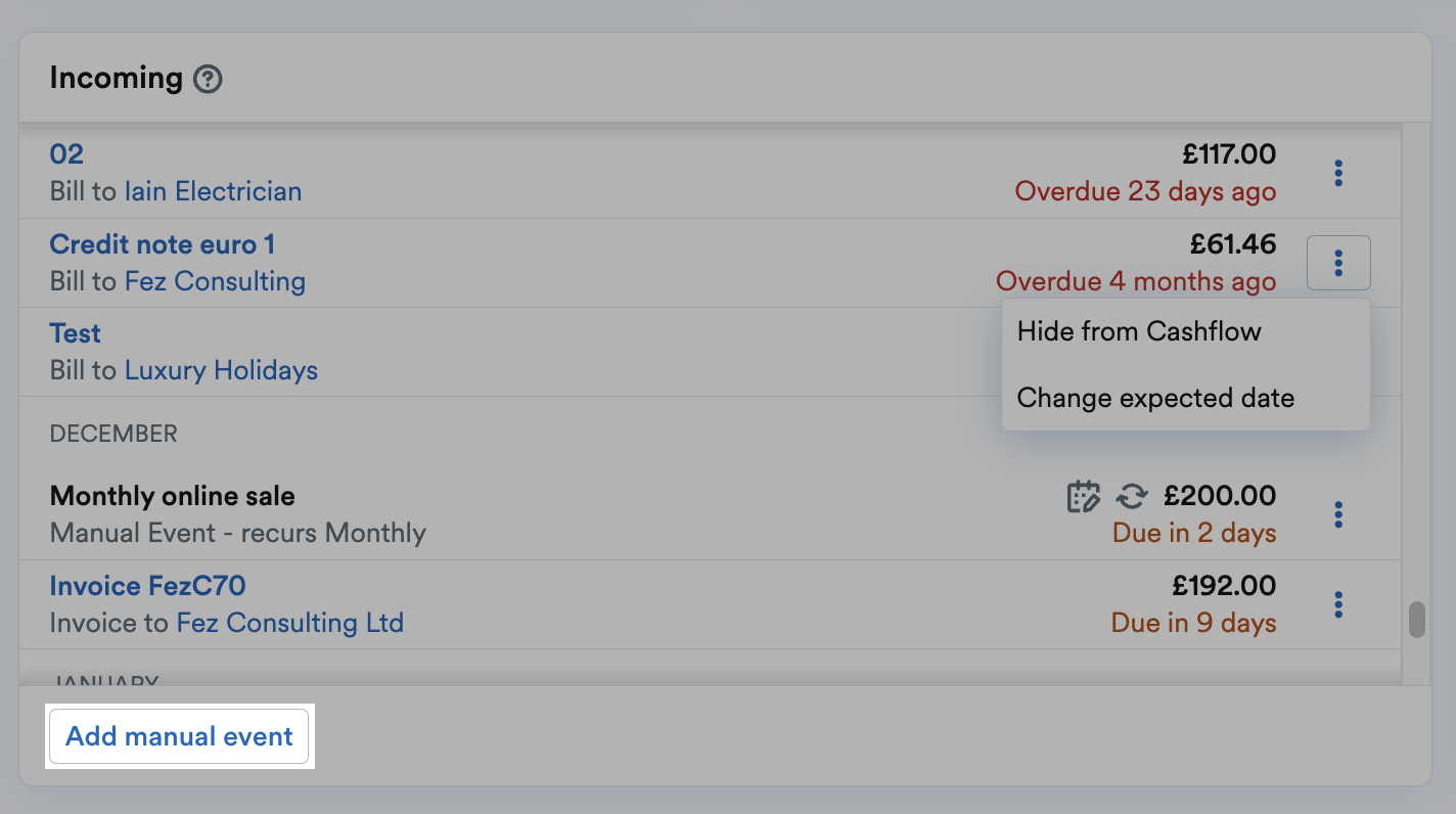'Add manual event' button highlighted under future Incoming transactions.