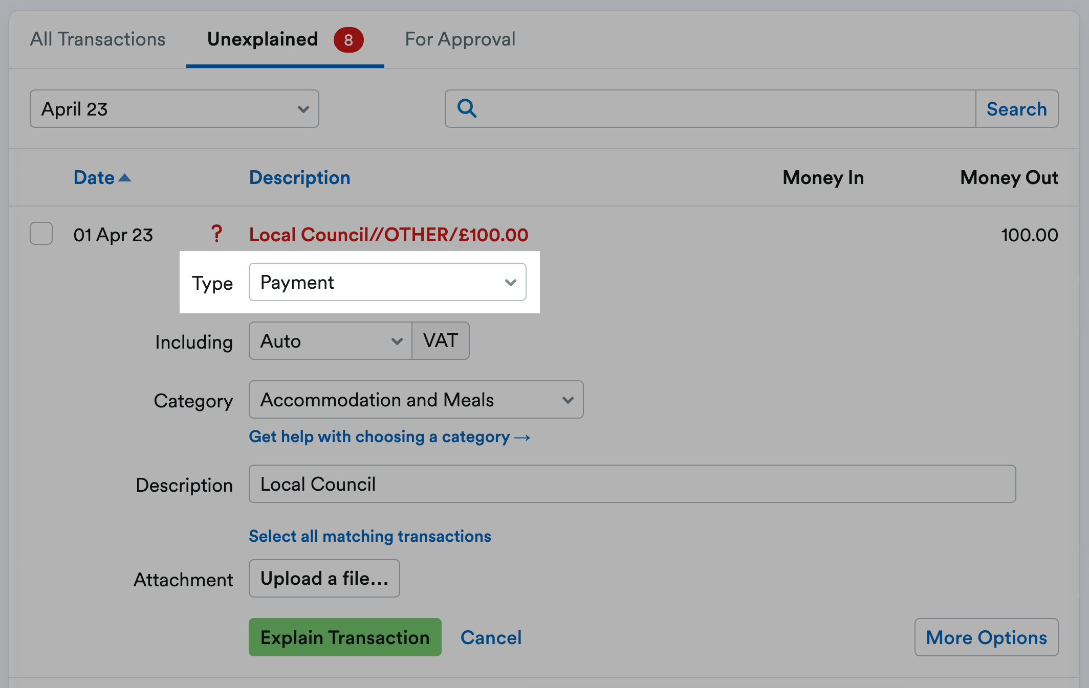 Payment selected from the Type drop-down menu