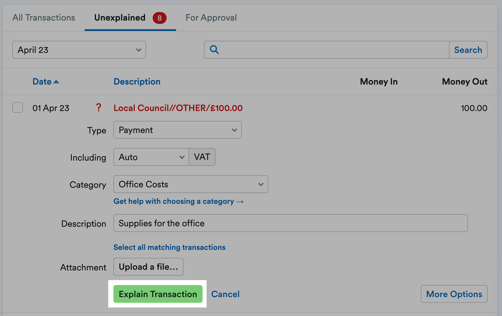 Explain transaction button highlighted