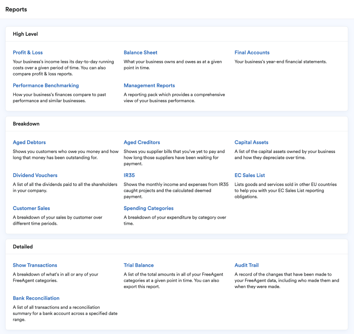 Reports page in FreeAgent.
