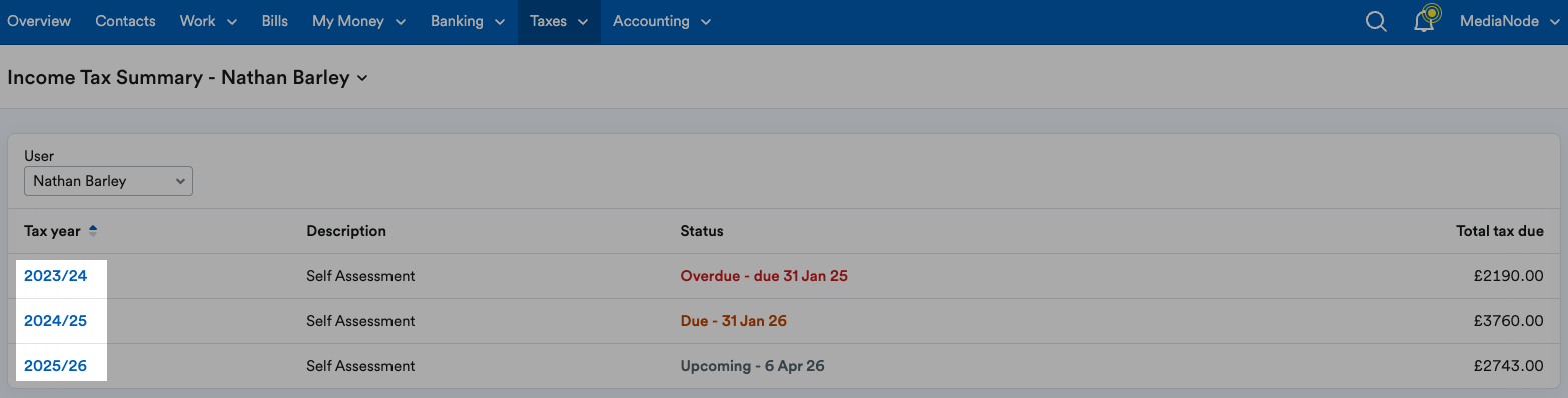 Tax year column highlighted in Income Tax Summary page.