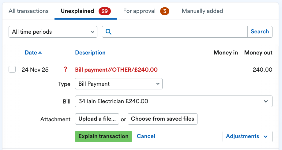 Bank transaction being explained as a Bill Payment to mark the bill as paid