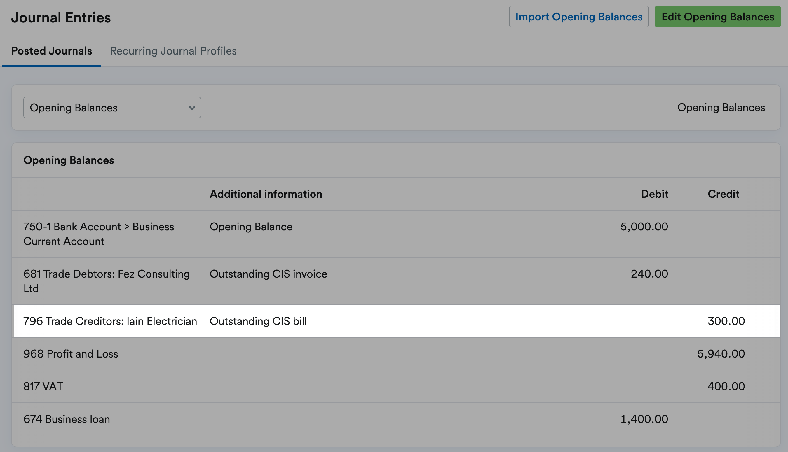 Example of a trade creditor opening balance being entered and highlighted
