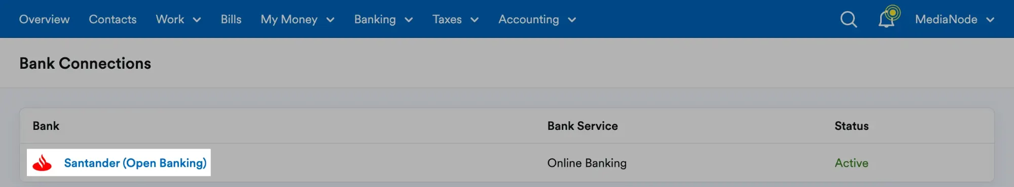'Santander' highlighted on list of banks on Bank Connections page.