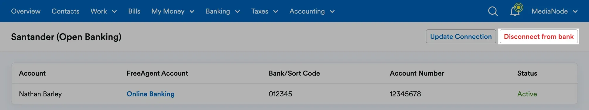 'Disconnect from bank' button highlighted on Santander bank account page.