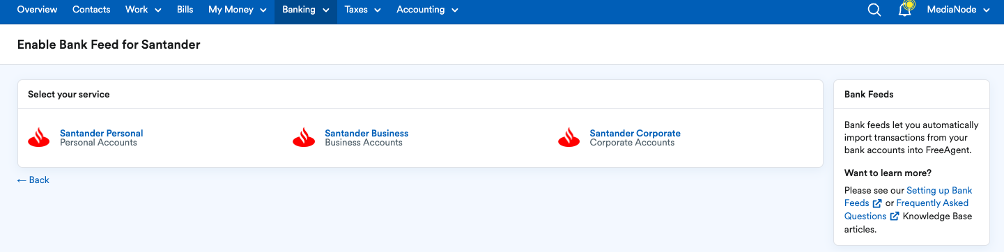 Three banking services displayed within Select your service section.