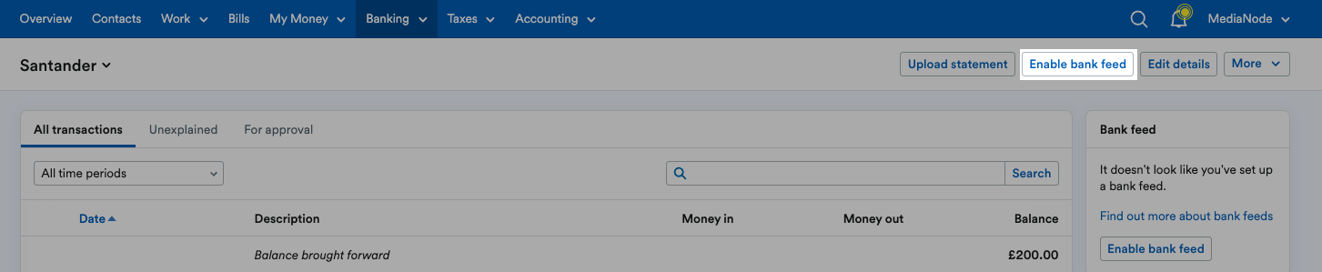 'Enable bank feed' button highlighted on Santander bank account page.