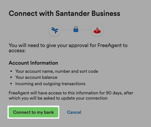 'Connect to my bank' button highlighted within Connect with Santander [service] pop up window.